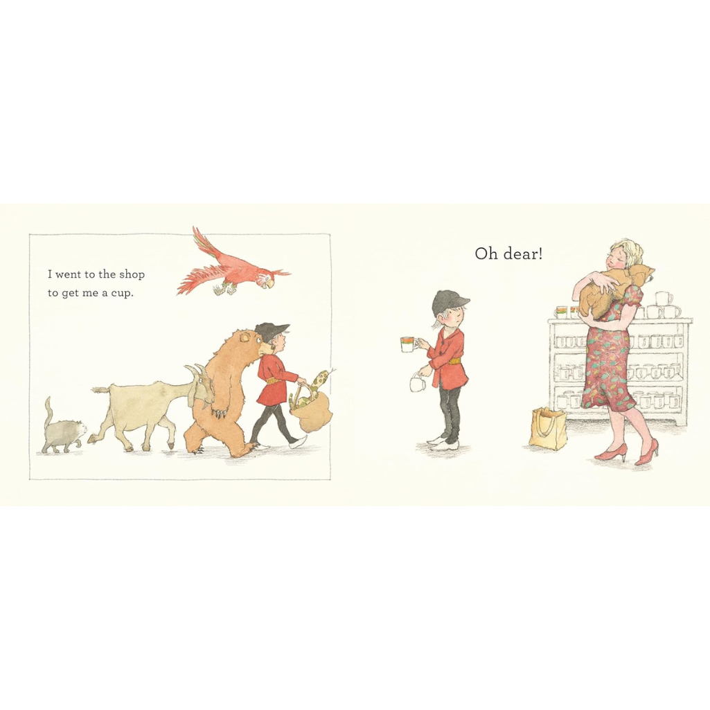 Illustrated scene from a children's book with characters at a shop, featuring text and animals.
