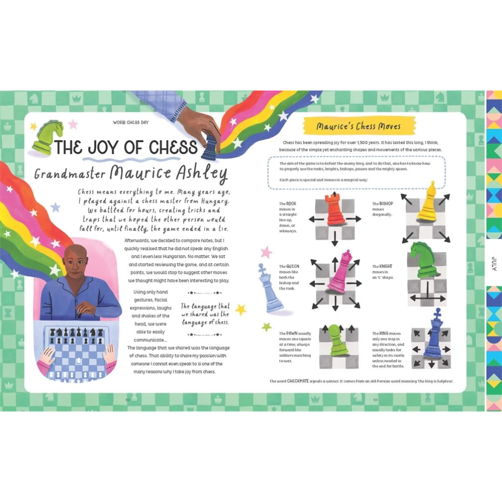 Educational poster about the joy of chess with illustrations and text.