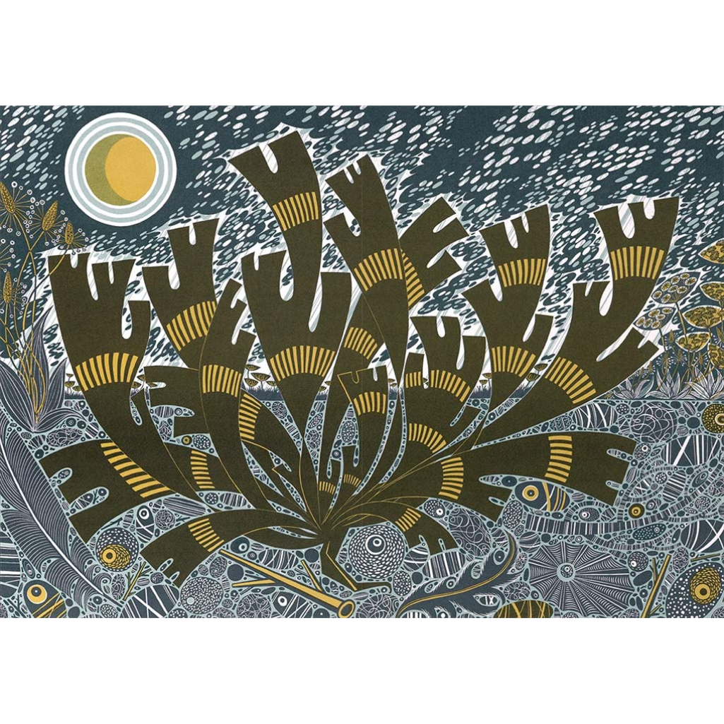 Artistic depiction of a large plant with intricate patterns against a detailed background
