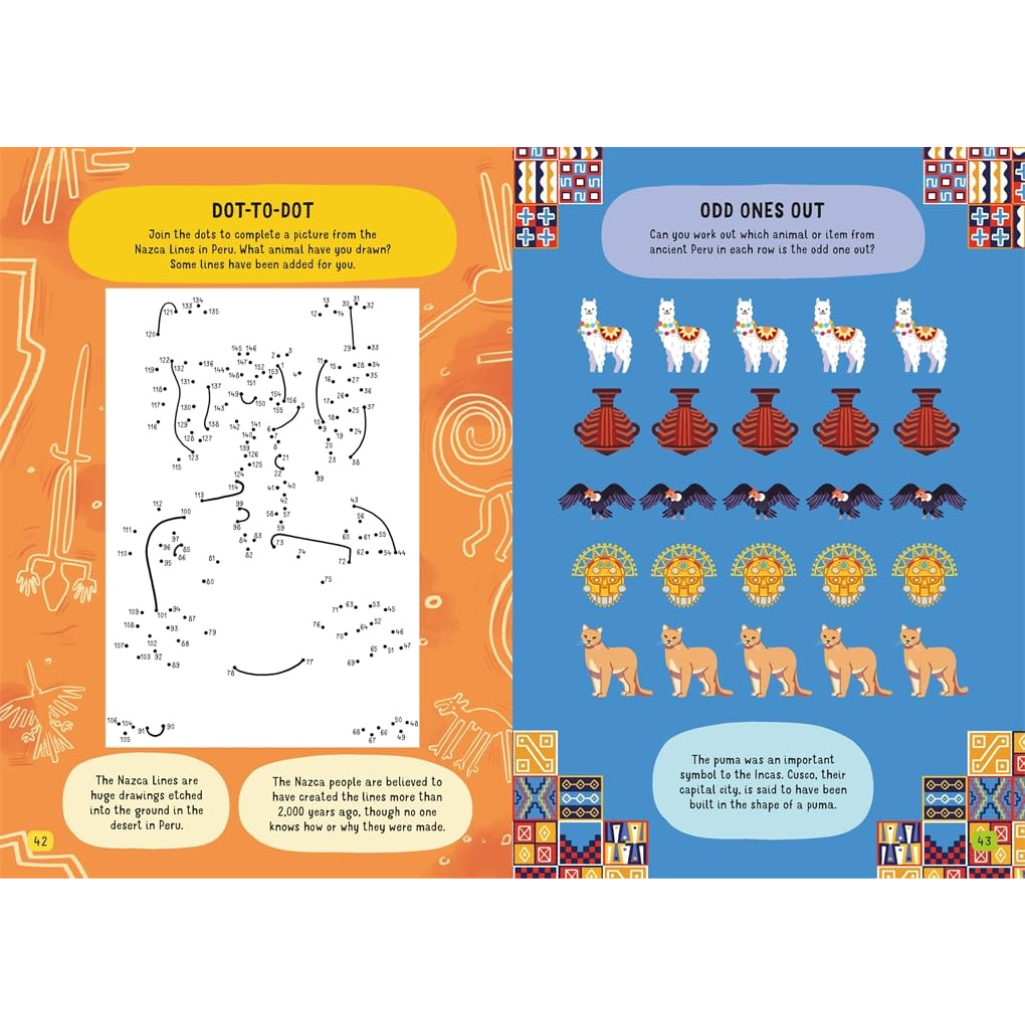 Educational book page with dot-to-dot and odd ones out games on orange and blue backgrounds.