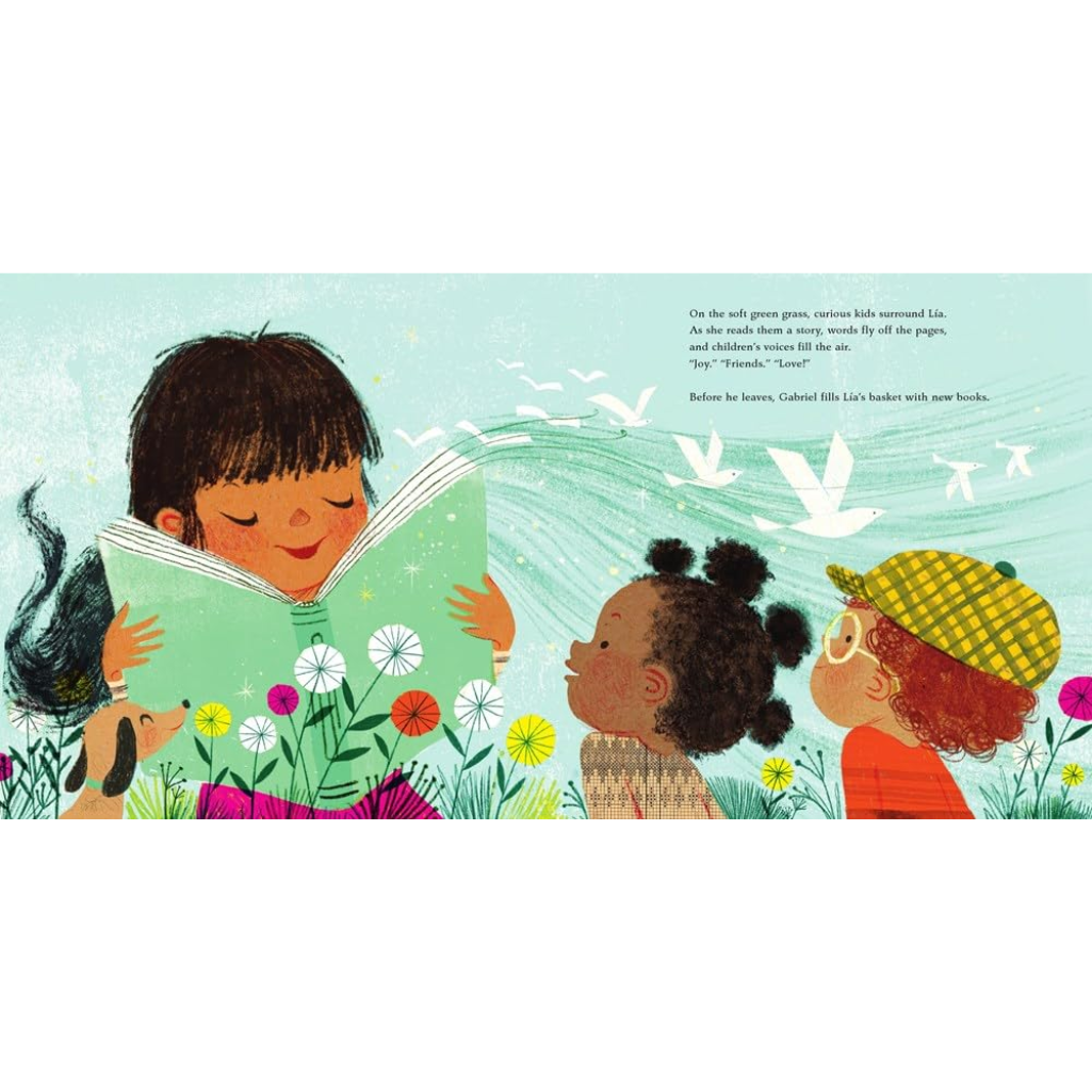 Illustration of a child reading a book to two other children with a floral background