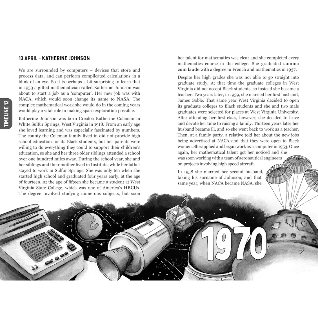 Page from a book with text about Katherine Johnson, featuring a typewriter, rocket, and '1970' illustration.