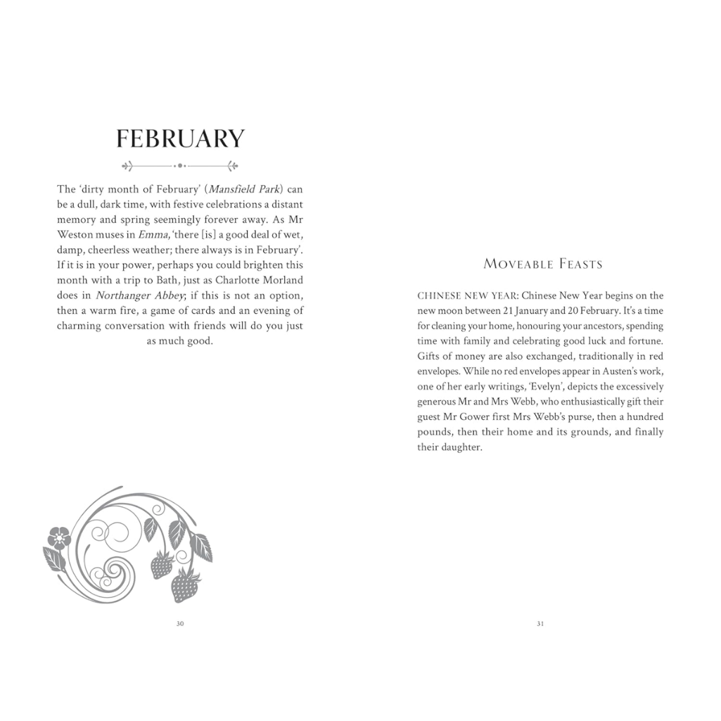 Page from a book with text about February and Chinese New Year, featuring a decorative yin-yang symbol.