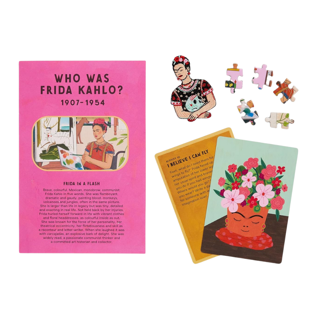Frida Kahlo-themed book, cards, patch  and puzzle pieces on a white background