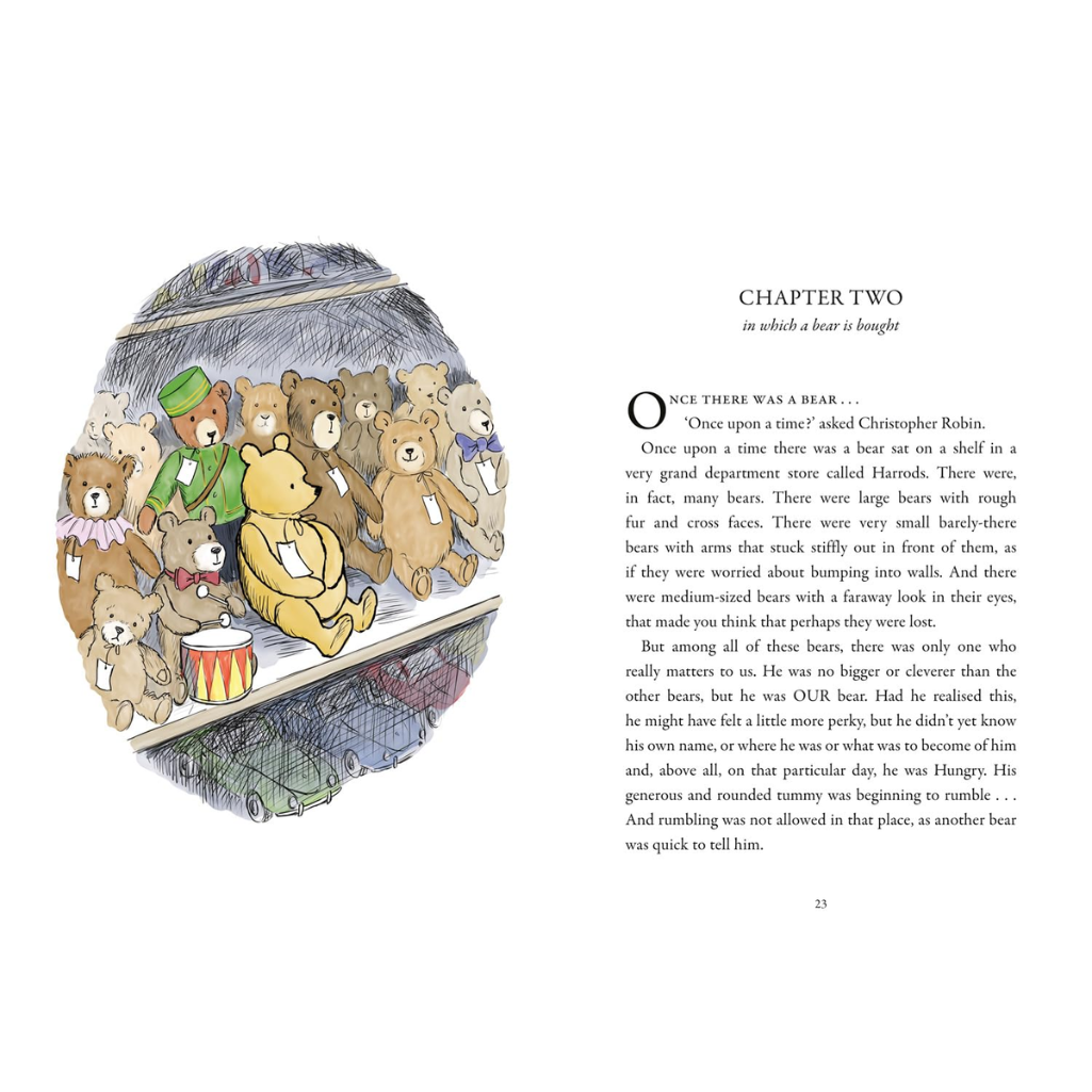 Illustration of teddy bears in a shopping cart with text on a white background