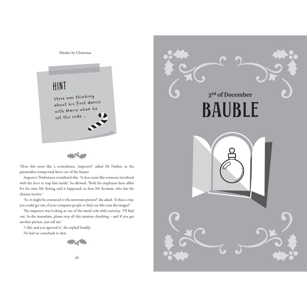 Page from a book with decorative text and illustrations on a gray background