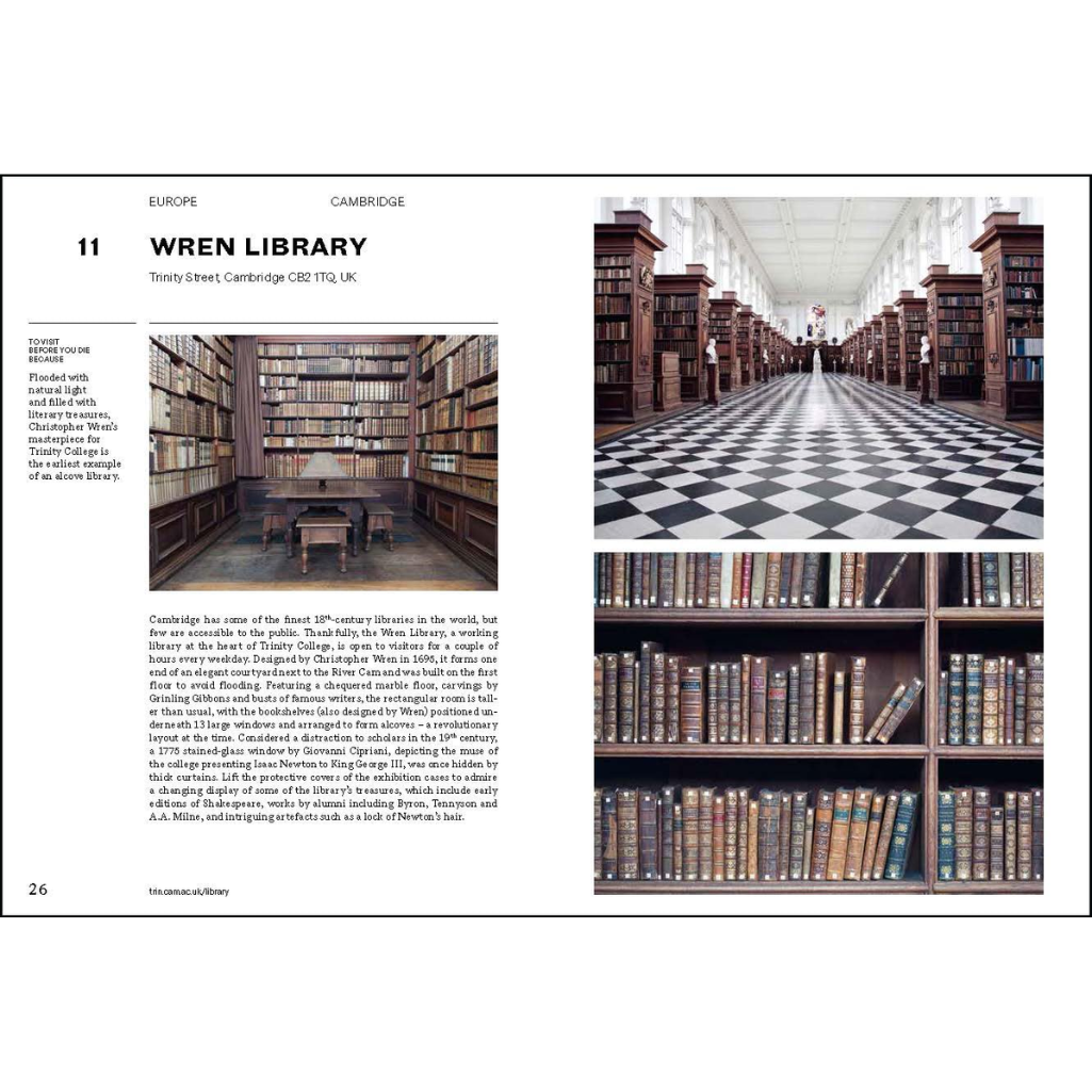 Wren Library in Cambridge with bookshelves and checkered floor.