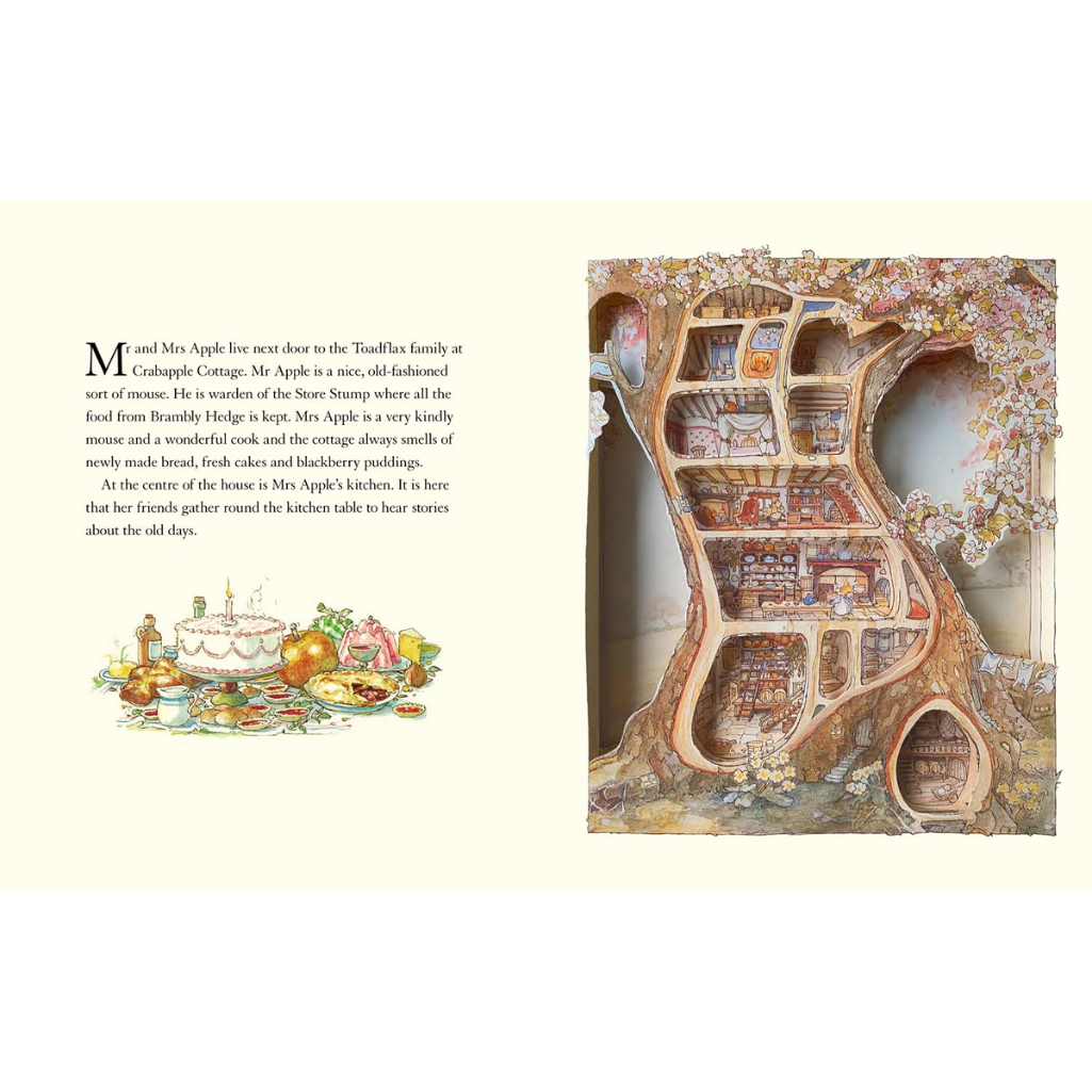 Illustrated book page with a cutaway diagram of a cottage interior and a small illustration of a kitchen scene.