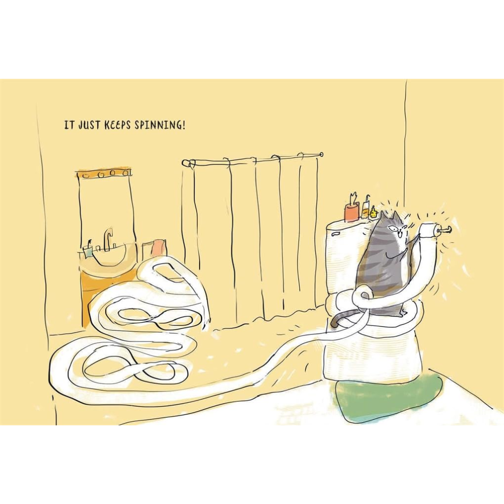Cartoon of a cat inside a washing machine with a long tube, caption 'It just keeps spinning!'.