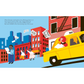 Illustration of a yellow taxi in New York City with people around