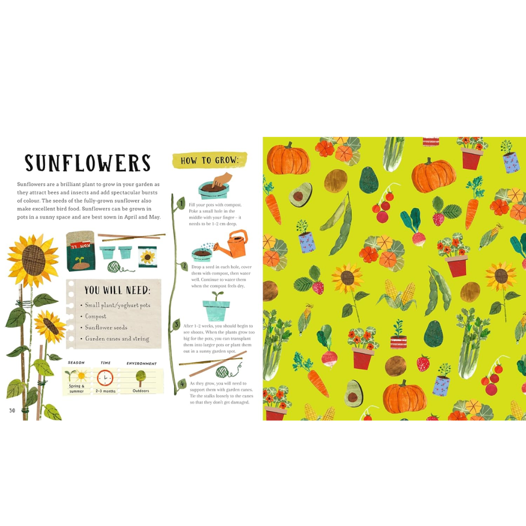 Book page with sunflower illustration and gardening instructions on a yellow background.