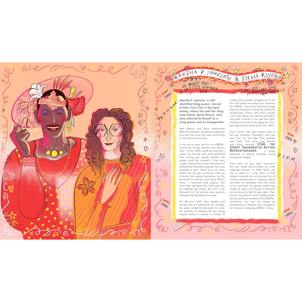 Illustration of two people with text on a pink background