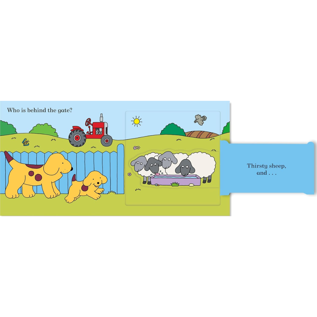Illustrated children's book page with dogs and sheep on a farm