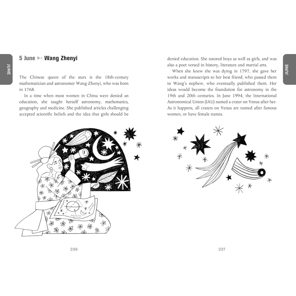 Book page with black and white illustration of a woman and celestial elements, text about Wang Zhenyi.