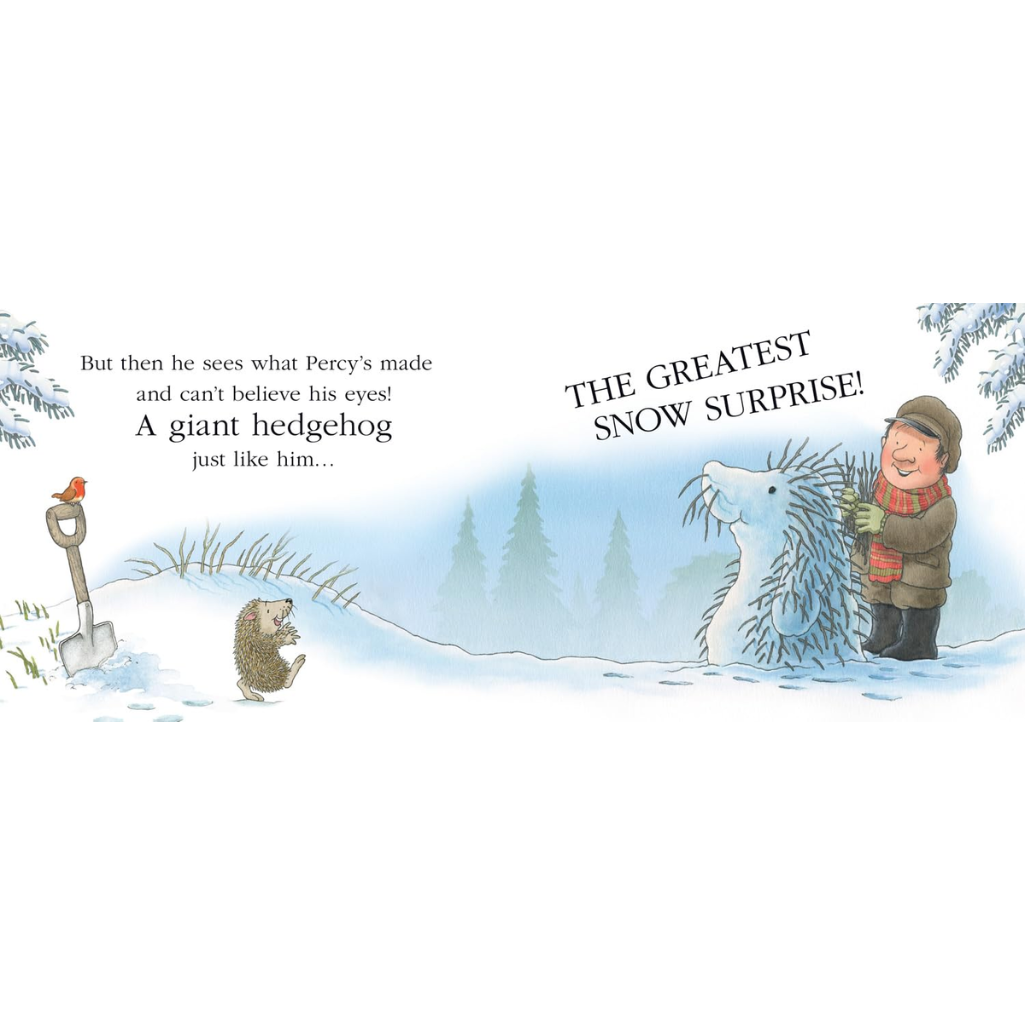 Illustration of a hedgehog and a person with a snow sculpture, set against a snowy landscape.