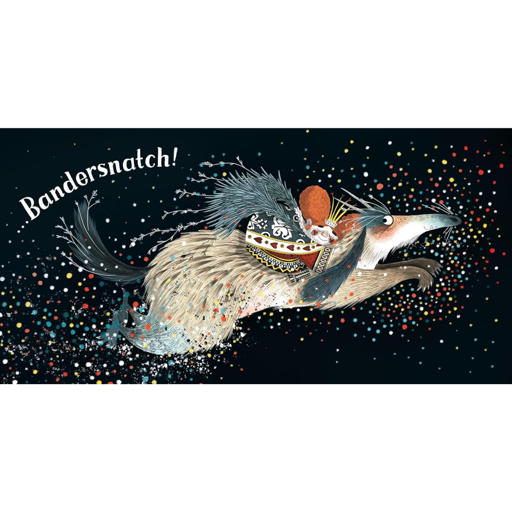 Illustration of a bandersnatch with colorful background and 'Bandersnatch!' text