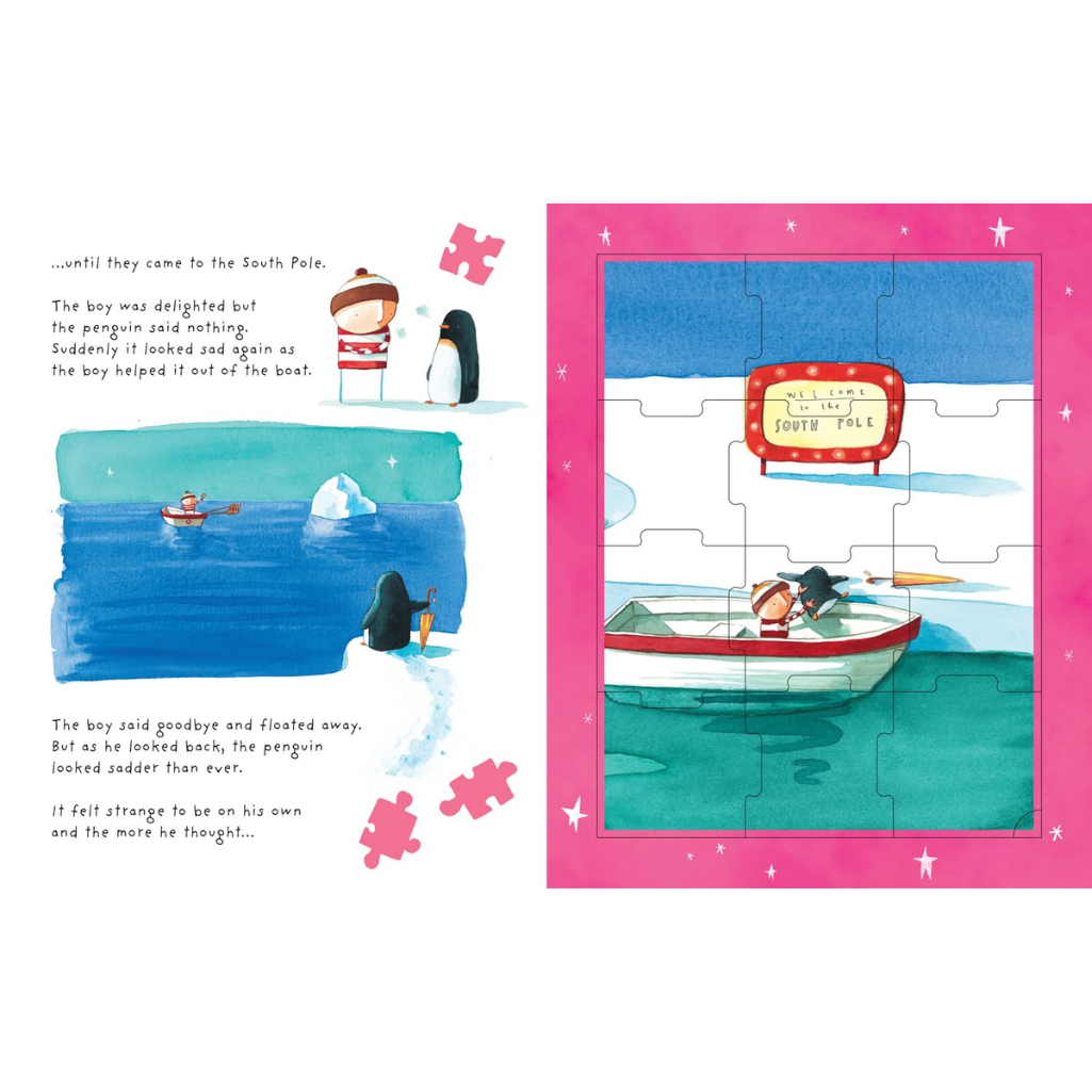 Illustrated book page with a puzzle section featuring a boy and penguin on a boat.