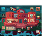 Jigsaw puzzle with a colorful building and people design on a blue background
