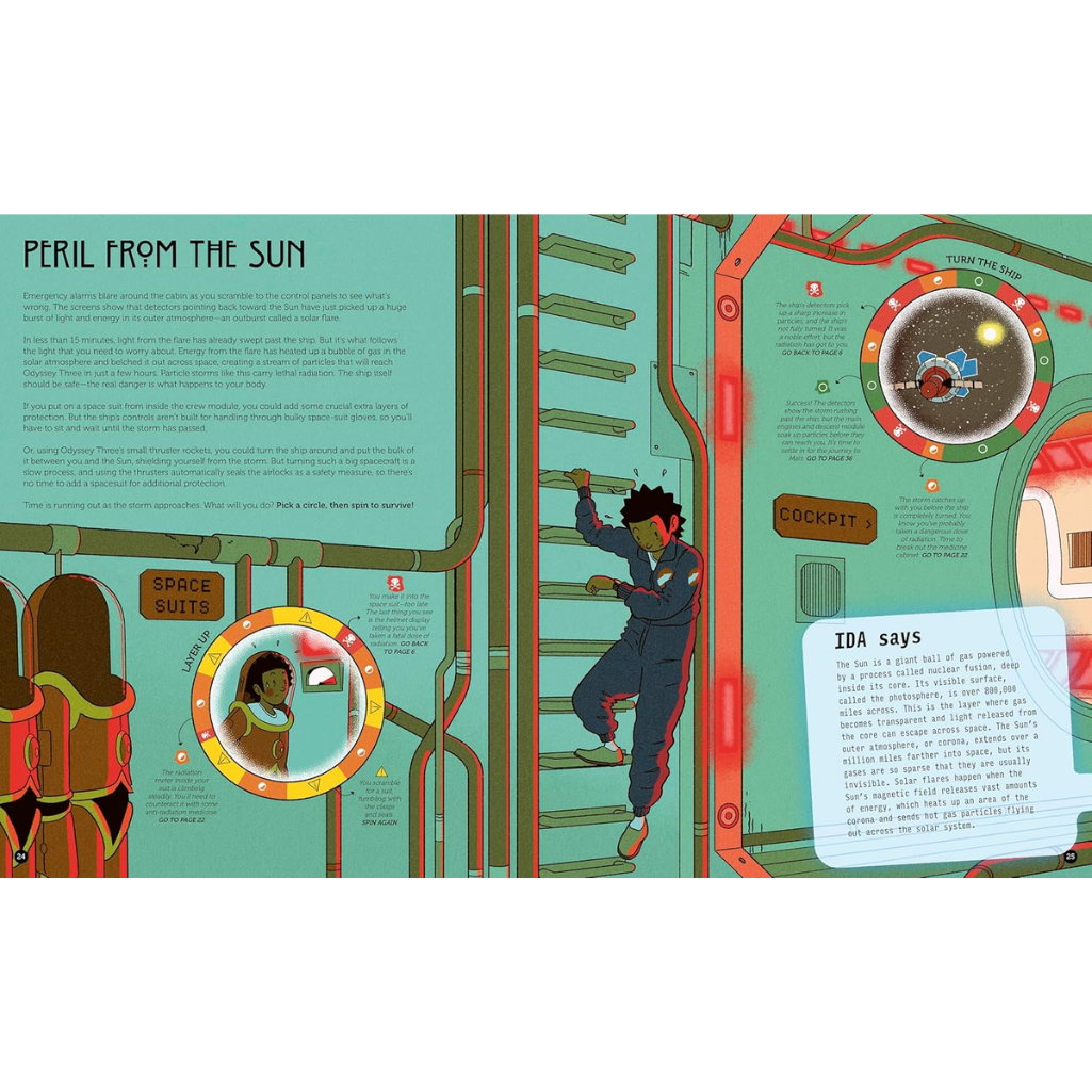 Illustrated page from a book or comic with a character in a space suit climbing a ladder.