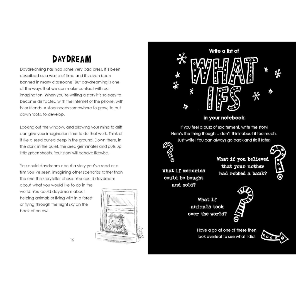 Pages from a book with text and illustrations on creativity and imagination.