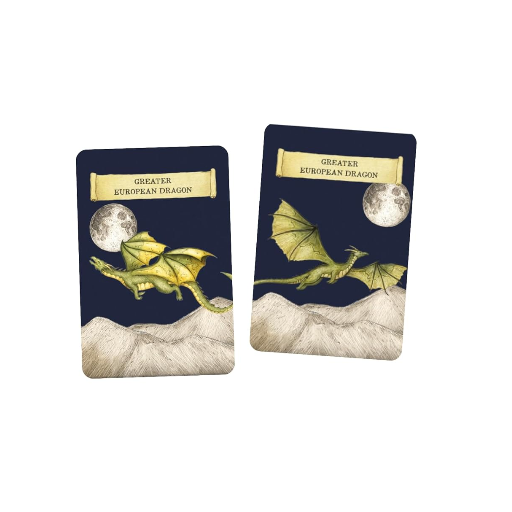 Two cards featuring illustrations of dragons on a mountainous landscape with moonlit sky.