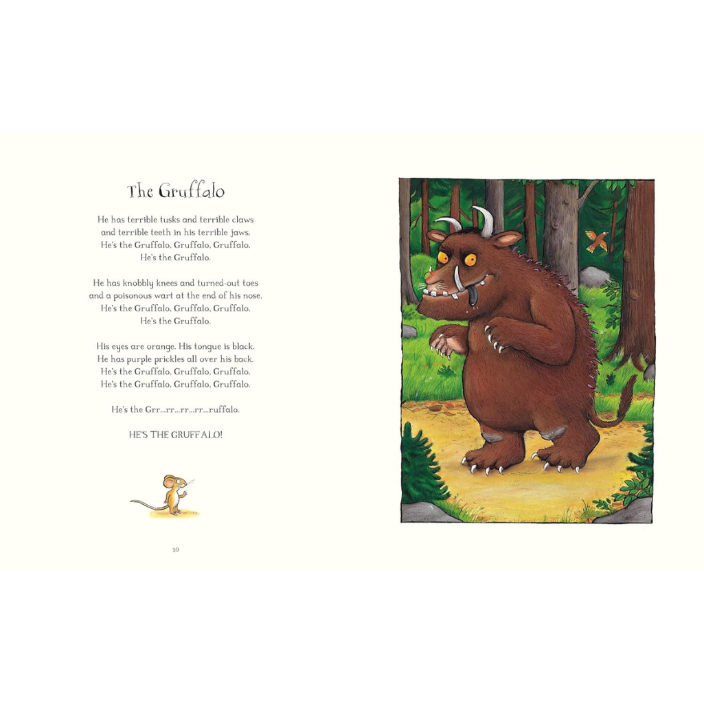 Illustration of the Gruffalo from a children's book with text on a white background