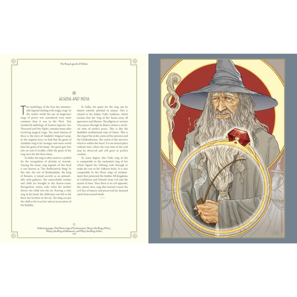 Illustration of a wizard holding a red gemstone with text on a white background