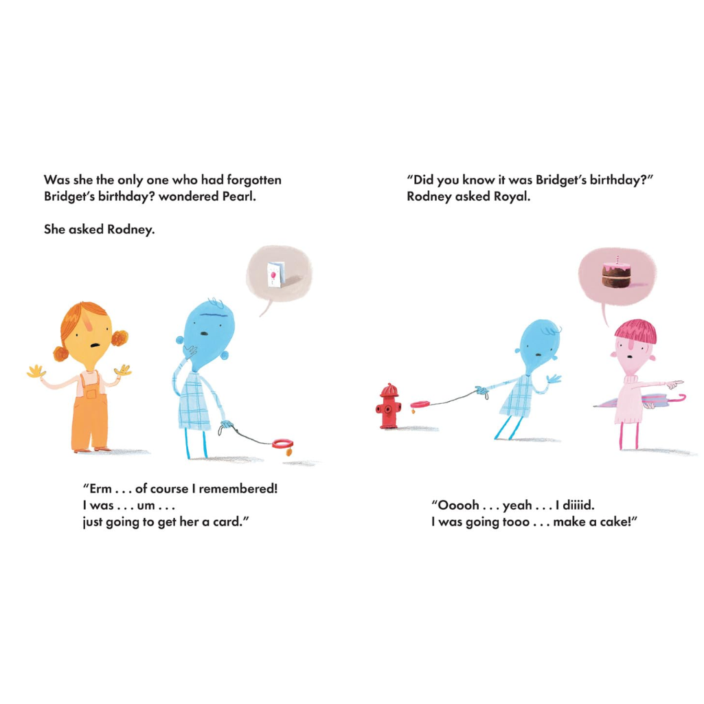 Illustrated page from a children's book with characters discussing a birthday.