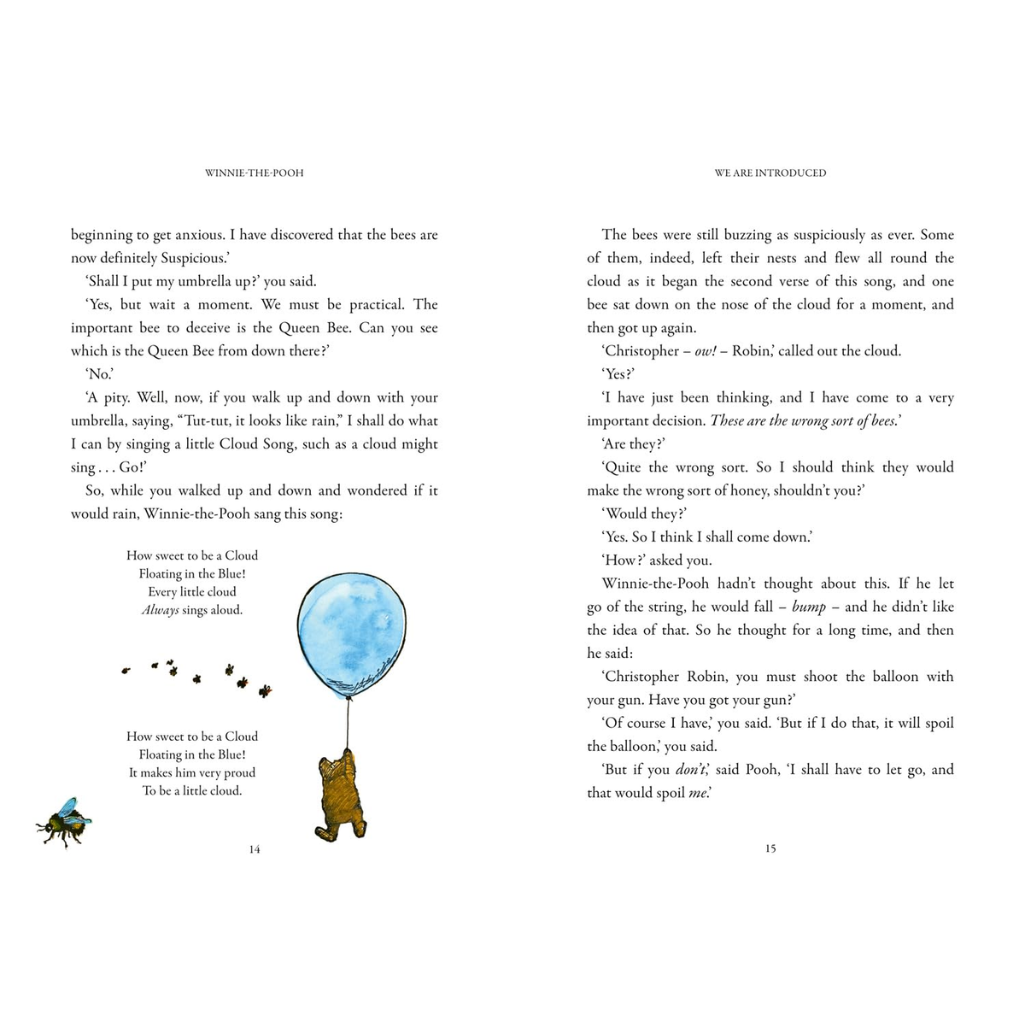 Page from a book with text and illustrations of a bear holding a balloon, surrounded by birds.