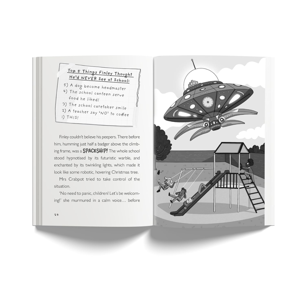 Open book showing a page with text and a page with a cartoon of a UFO over a playground.