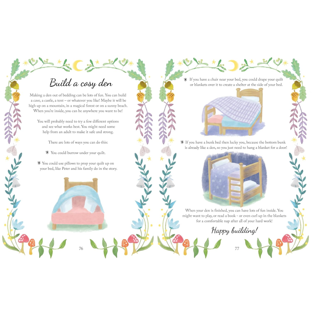 Illustrated children's book pages with bed designs and text on a white background