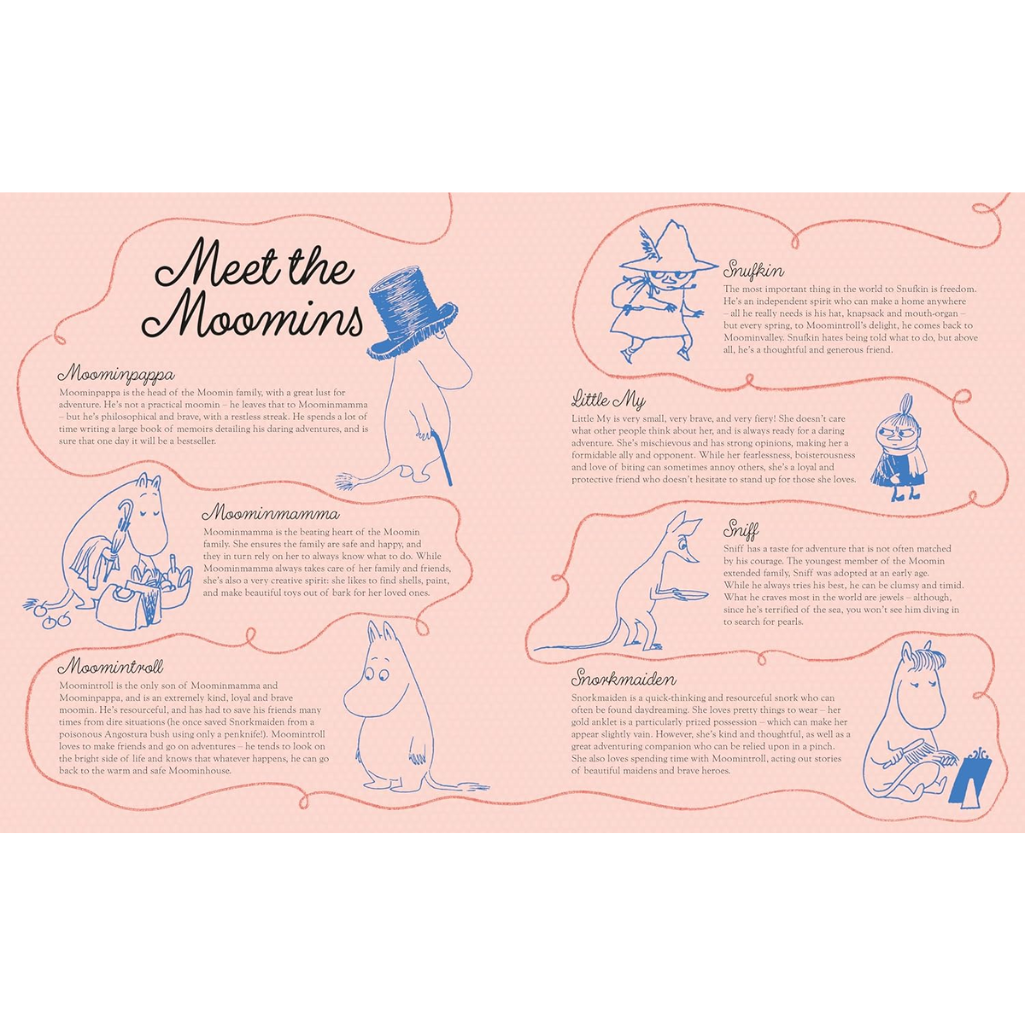 Illustrations of Moomin characters with text on a pink background