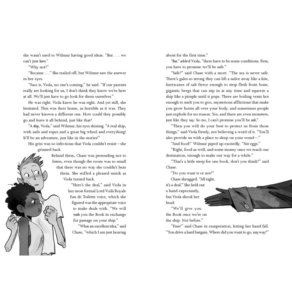 Page from a book with two characters and text on a white background