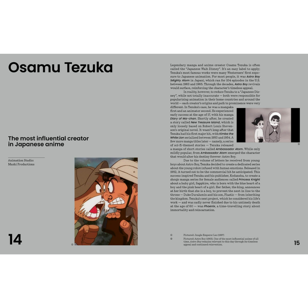 Page from a book or magazine featuring Osamu Tezuka and an illustration of a character with a bear-like creature.