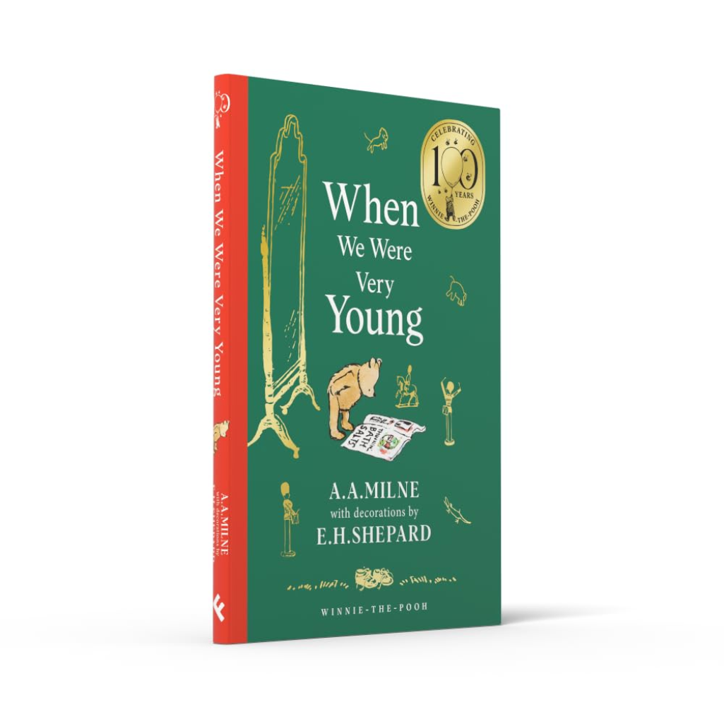 Book cover of 'When We Were Very Young' by A.A. Milne with illustrations and a gold emblem on a green background.