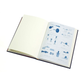 Open book with blue diagrams on a white background