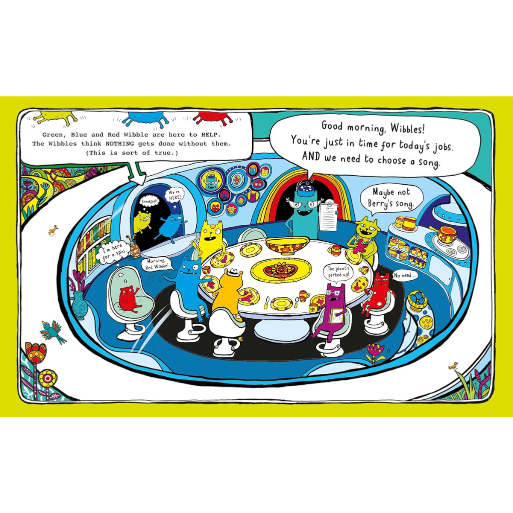 Colorful cartoon scene with characters around a table, featuring text bubbles.