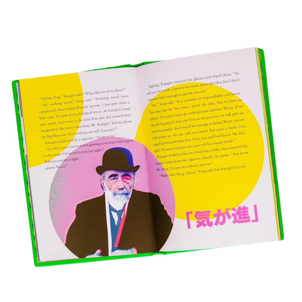 Open book with colorful illustration of a man in a hat and coat on a white background