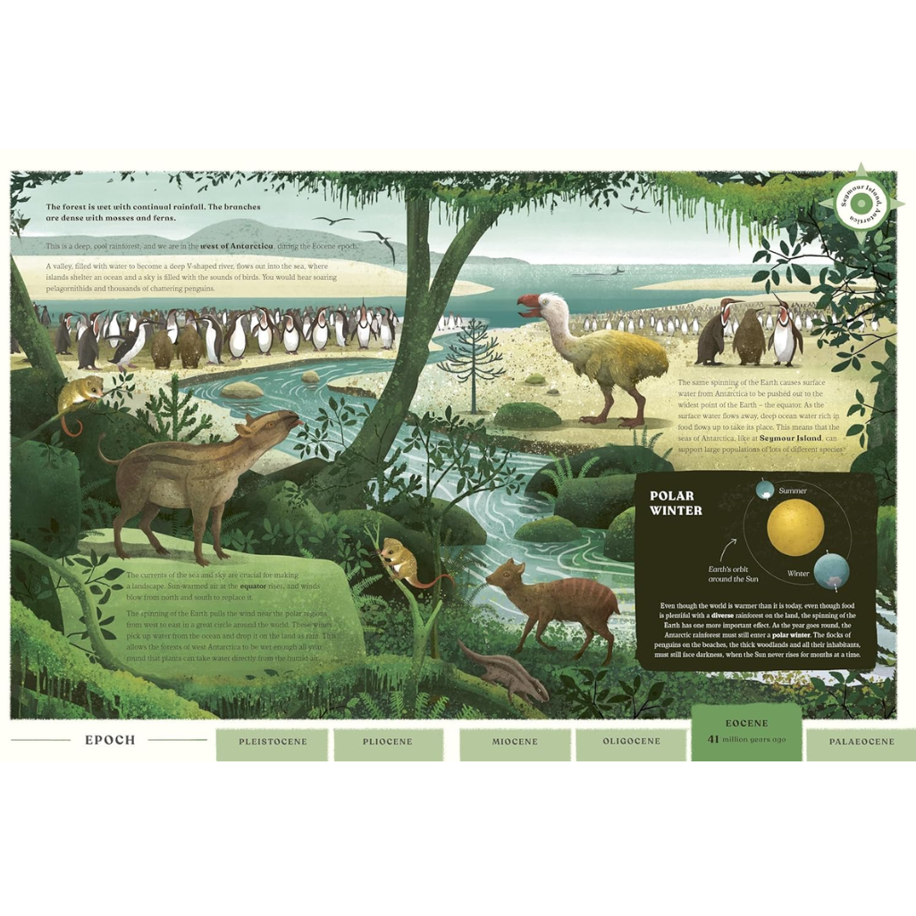 Illustration of a prehistoric landscape with animals and text on a white background