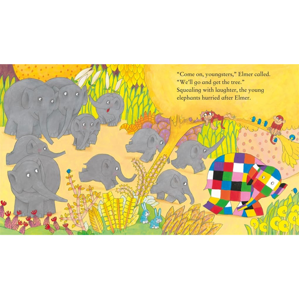 Illustration of elephants and a colorful patchwork elephant in a natural setting with text.