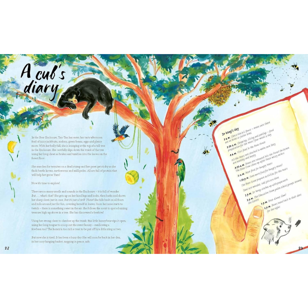Illustrated book page with a bear in a tree and a hand holding a notebook.
