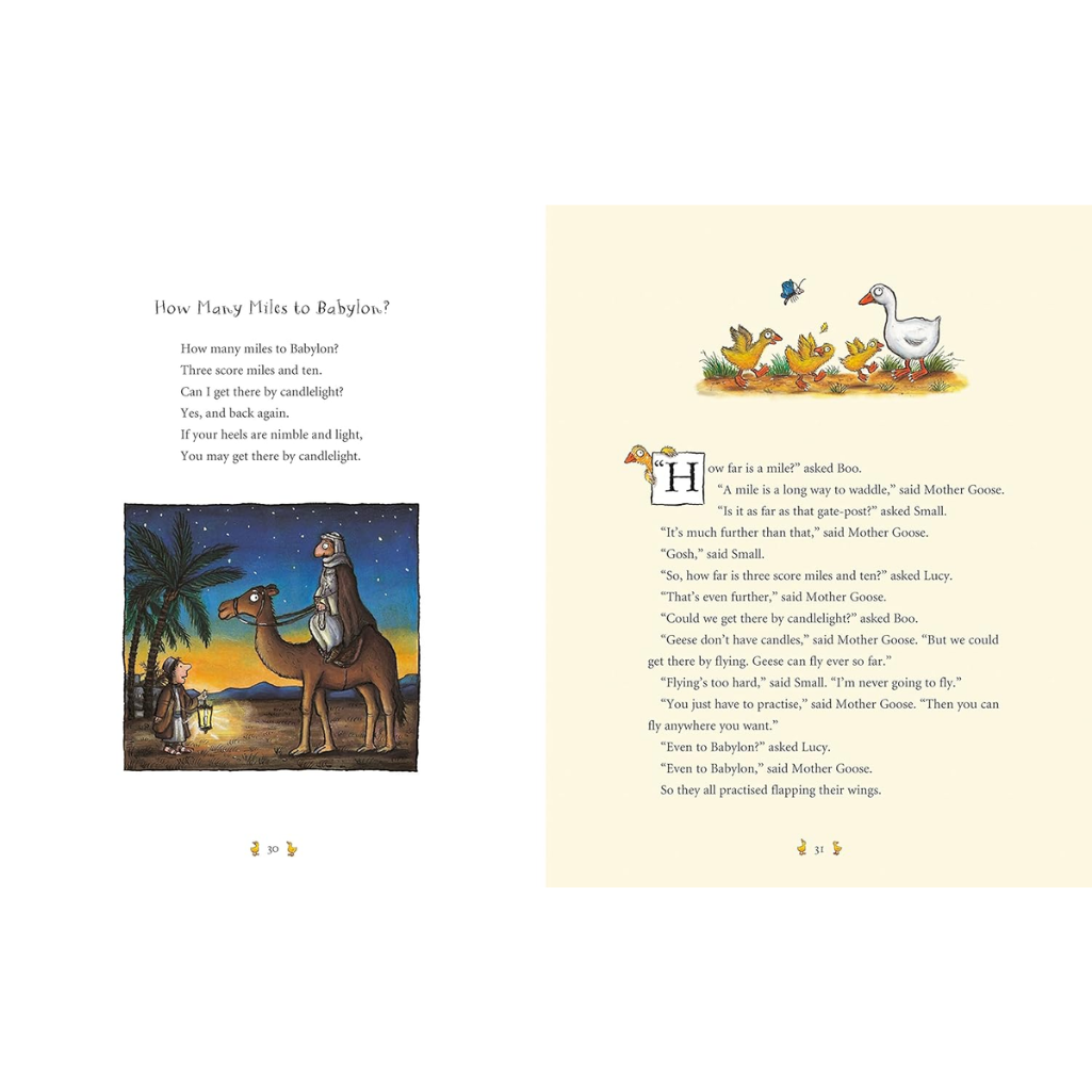 Page from a children's book with illustrations and text, featuring a camel and palm trees.
