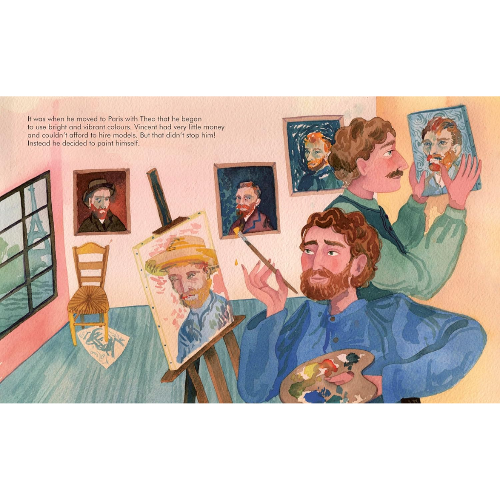 Illustration of a painter in a room with paintings and a chair.
