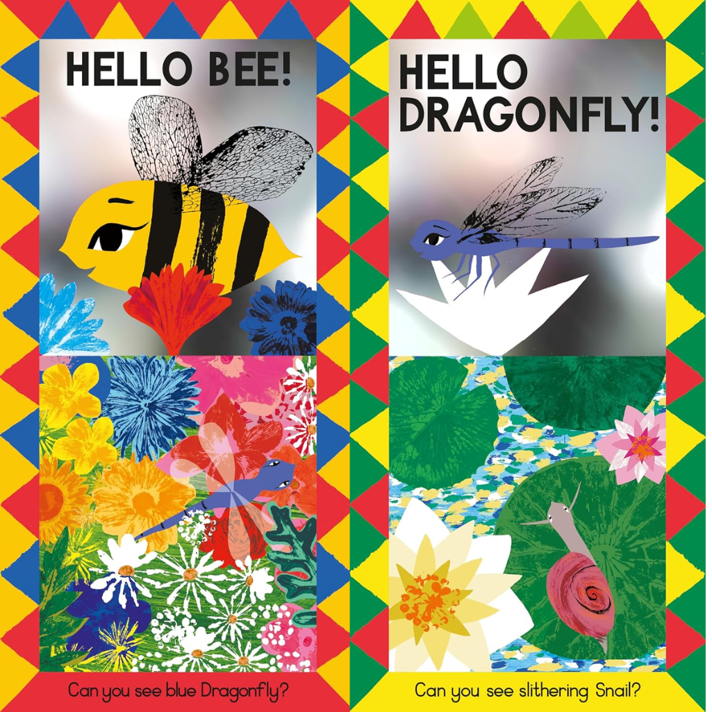 Colorful book cover with bee and dragonfly illustrations and geometric pattern