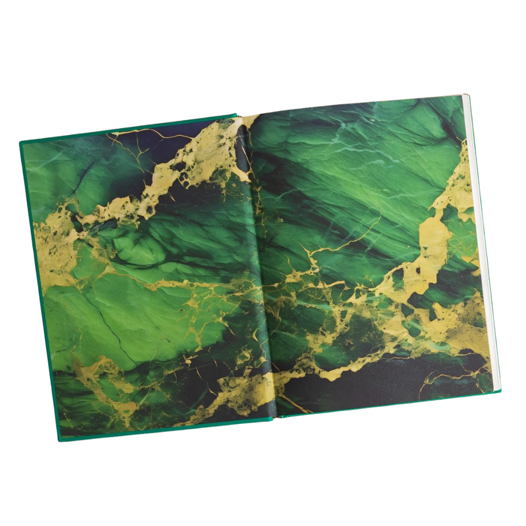 Open book with green and gold marble pattern on a white background
