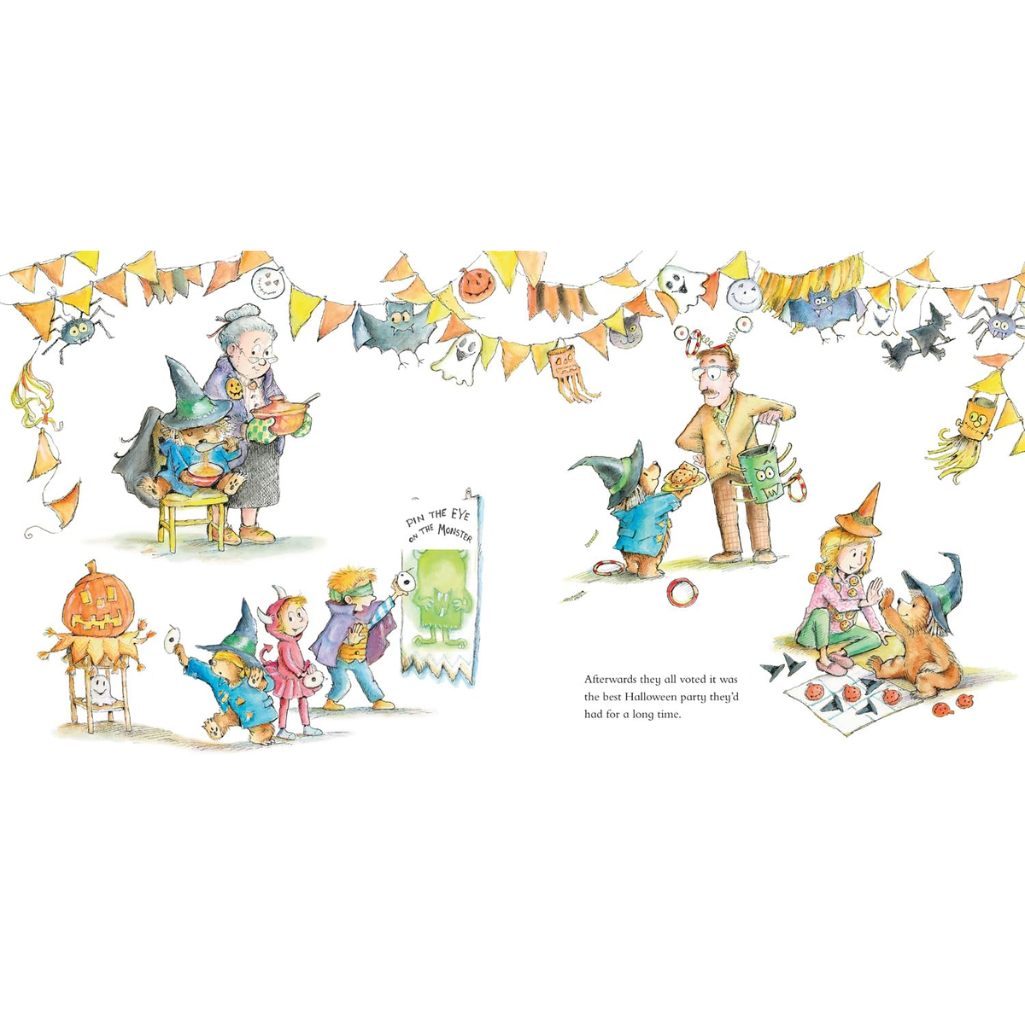 Illustration of a Halloween party scene with children and adults in costumes.