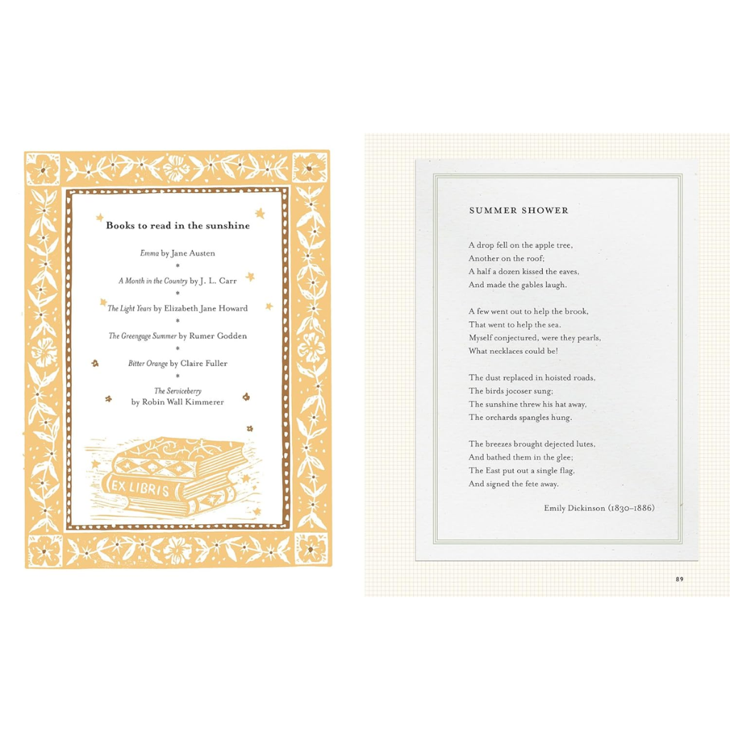 Page from a book with decorative text and a poem titled 'Summer Shower'.