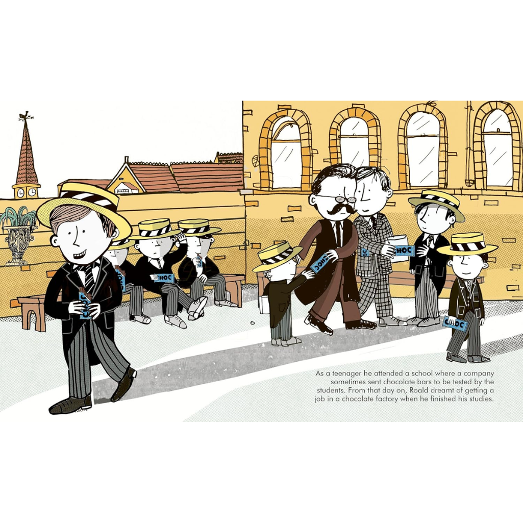 Cartoon illustration of a school scene with students and teachers, featuring a building and clock tower in the background.