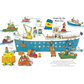 Illustration of a ship and various boats with a colorful and playful design.