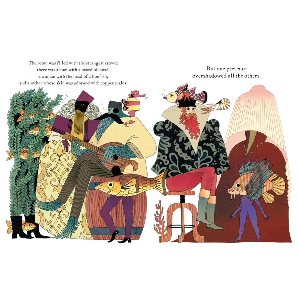 Illustration of a room filled with strange and fantastical characters, including a man with a beard of coral and a woman with a fish head.